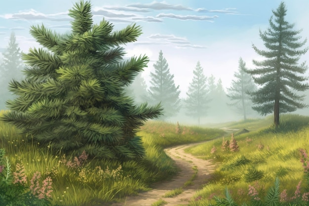 A forest scene with a road in the foreground and a forest in the background.