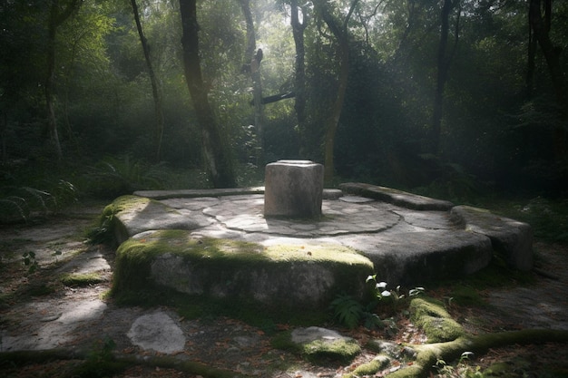 A forest scene with a stone structure in the middle of the forest.