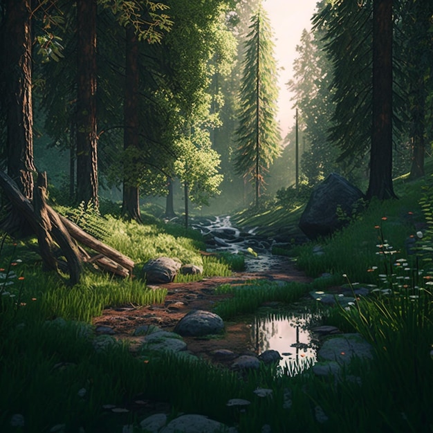 A forest scene with a stream and a small stream.