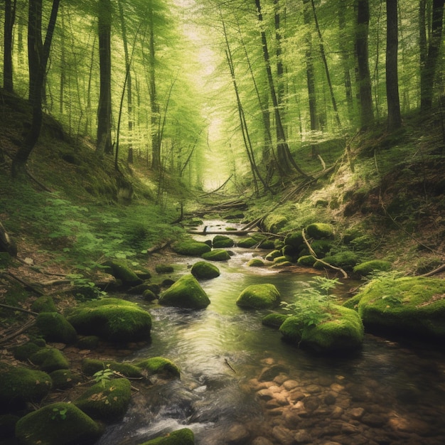 A forest scene with a stream and trees with green leaves