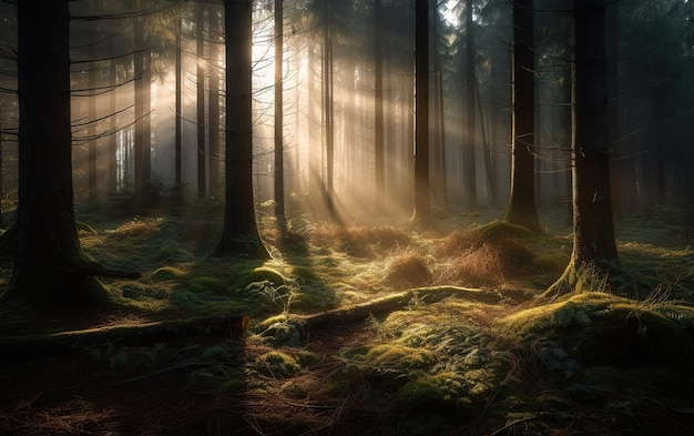 A forest scene with the sun shining through the trees