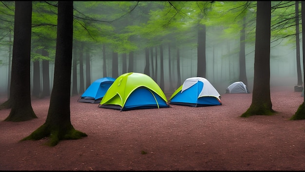 A forest scene with tents in the foreground and a forest in the background.