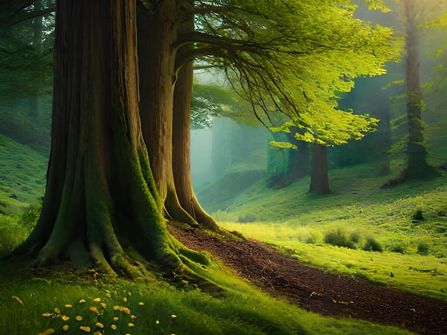 A forest scene with a tree on the left and a path with a few yellow flowers on the right.