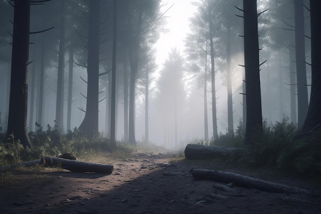 A forest scene with a tree trunk and the sun shining on it.