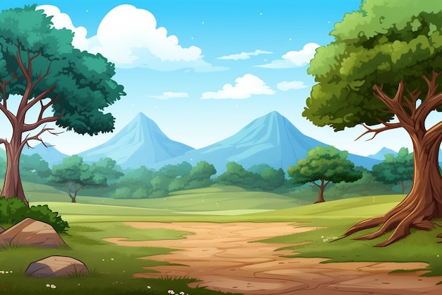 Forest scene with various forest trees and mountain background