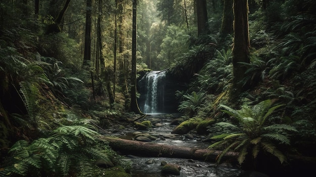 A forest scene with a waterfall and green plants.