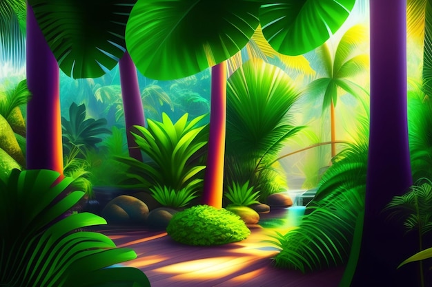 A forest scene with a waterfall and a jungle scene.