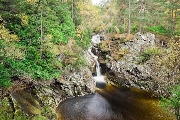 Forest in Scotland View of a small forest river that flows down a steep slope