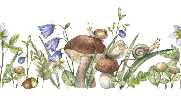 Forest seamless horizontal border with hand drawn watercolor mushrooms,weeds,herbs,leaves,snails.