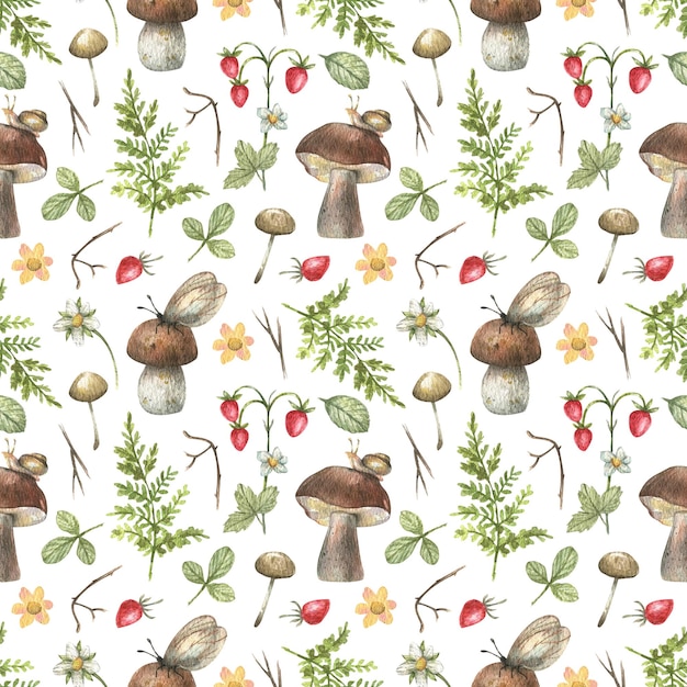 Forest seamless pattern with forest plants, ferns, herbs, mushrooms, butterfly painted in watercolor