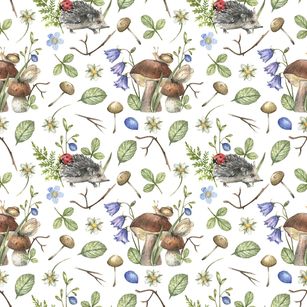 Forest seamless pattern with forest plants, ferns, herbs, mushrooms, hedgehog painted in watercolor.