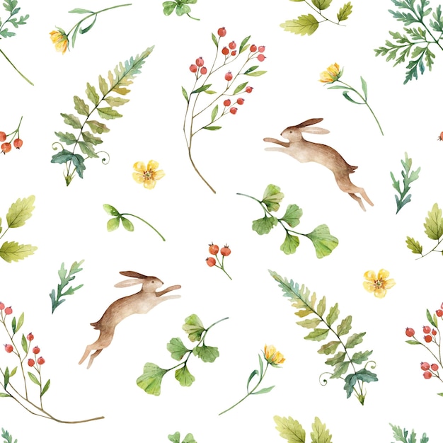 Forest seamless pattern with rabbits leaves flowers and berries