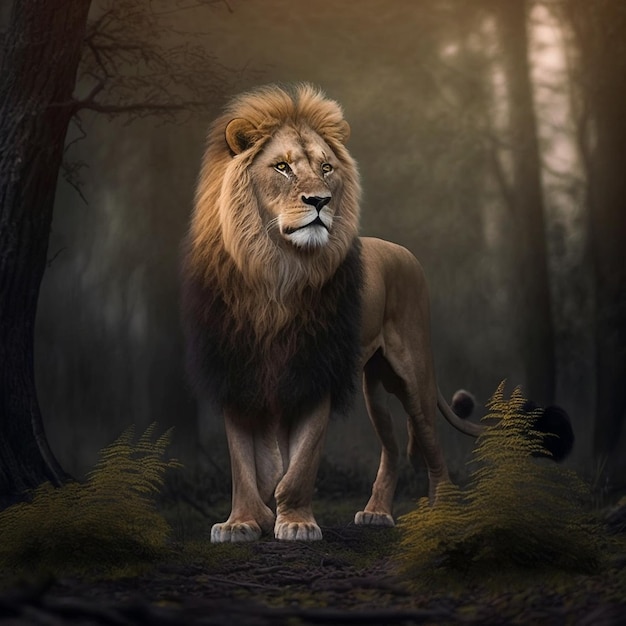 Forest standing animal lion roaring AI Generated