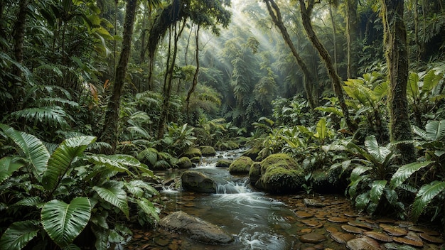 Photo forest stream flowing through lush tropical greenery