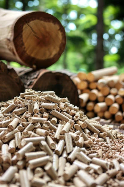 Photo forest transformation from logs and sawdust to wood pellets pile for sustainable energy