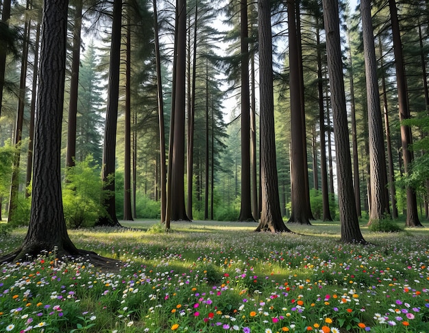 a forest of trees with a field of wildflowers and trees