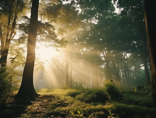 Forest view at sunrise or morning with morning haze