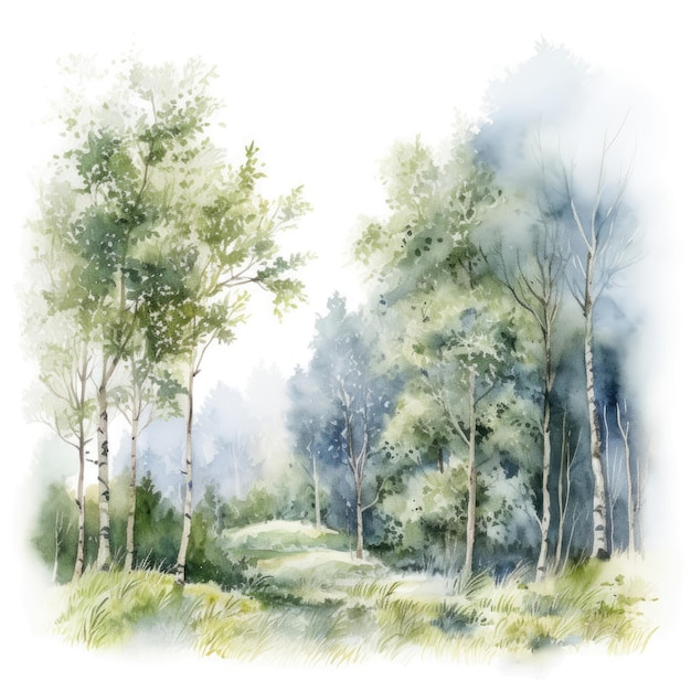 Forest watercolor landscape drawing in green colors