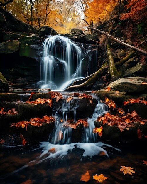 Forest Waterfall with Autumn Leaves