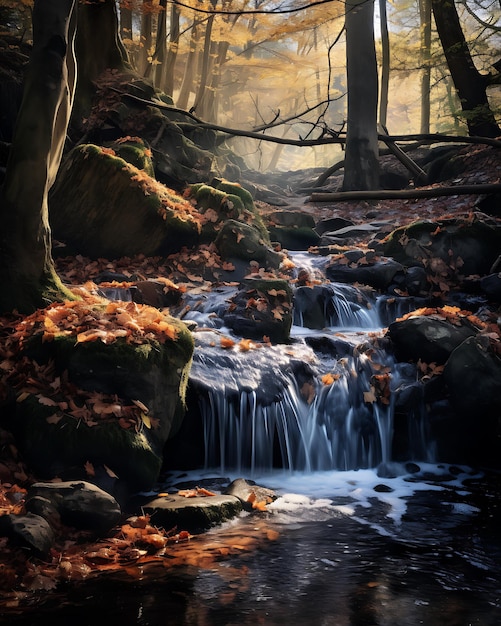 Forest Waterfall with Autumn Leaves