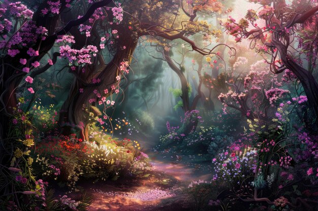 A forest where trees and plants are made of blooming flowers