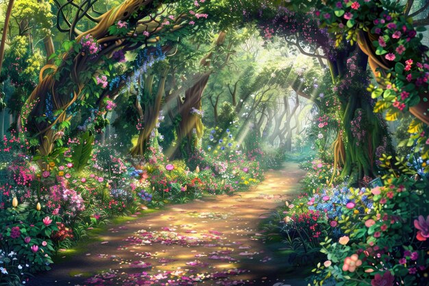 A forest where trees and plants are made of blooming flowers