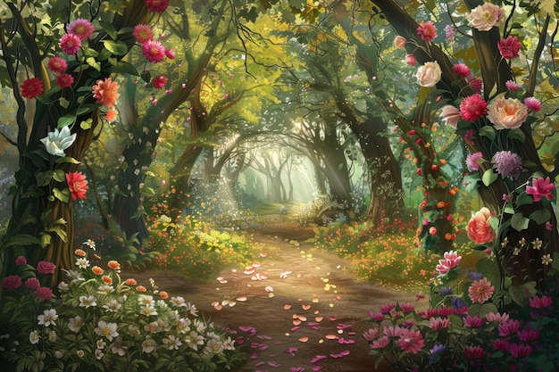 A forest where trees and plants are made of blooming flowers