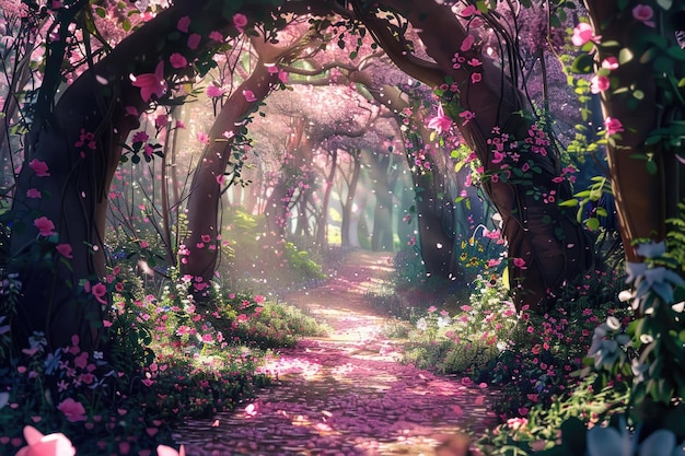 A forest where trees and plants are made of blooming flowers