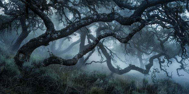 Forest with ancient leafless trees Nature and time concept