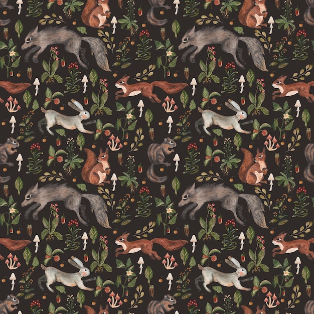 Forest with animals wolf hare squirrel chipmunk seamless pattern Watercolor illustration in cartoon style