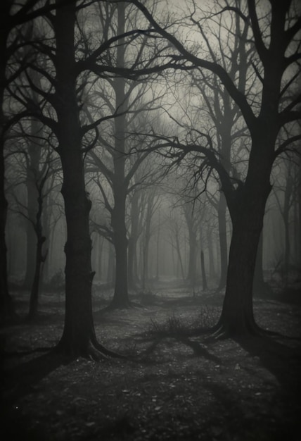 Photo a forest with a black and white picture of a forest with trees in the background