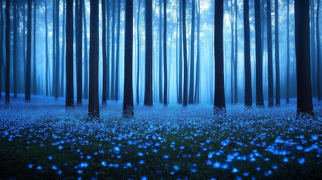 Photo a forest with blue flowers and trees