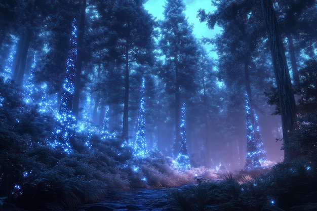 Photo a forest with blue lights and trees in the background