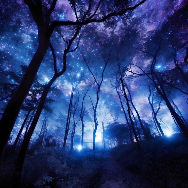 Photo a forest with a blue sky and stars