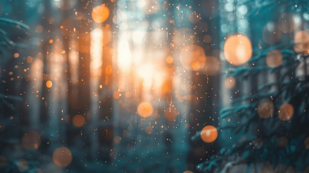 Photo forest with bokeh lights and the setting sun creating a mystical atmosphere