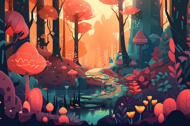 Forest with bright colors and whimsical shapes digital art illustration