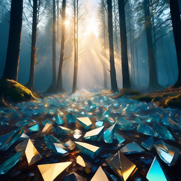 Photo a forest with a bunch of broken glass pieces in the middle of it