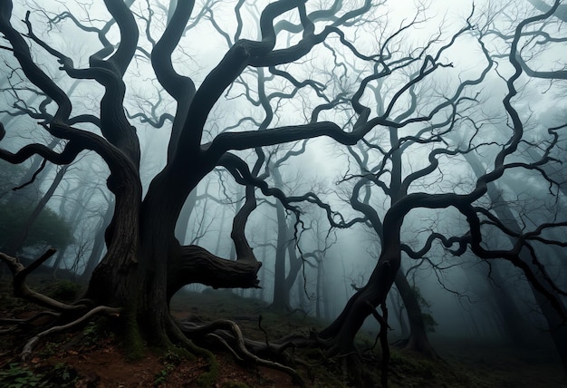 Photo a forest with a bunch of old trees in the fog