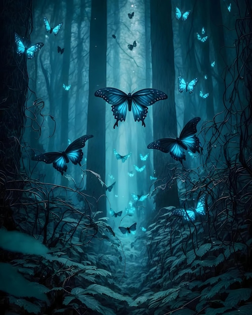 a forest with butterflies and a blue light