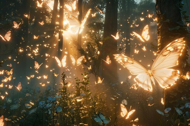 Photo a forest with butterflies and flowers and the sun shining through the trees