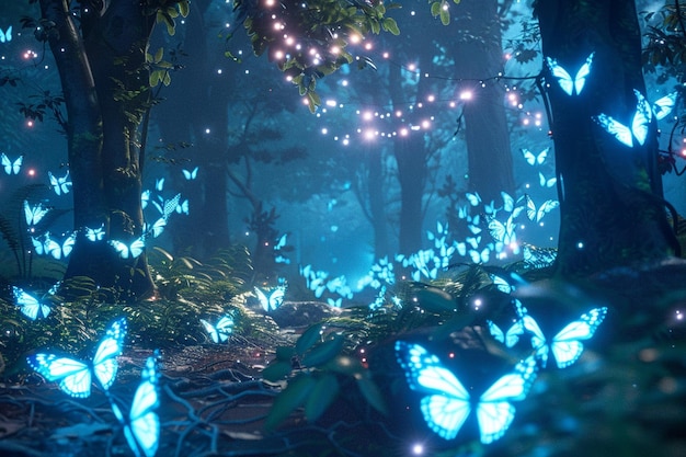 Photo a forest with butterflies and lights in the background