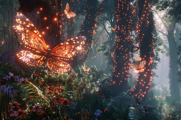 Photo a forest with butterflies and lights and flowers and plants