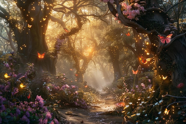 Photo a forest with butterflies and lights and flowers and plants