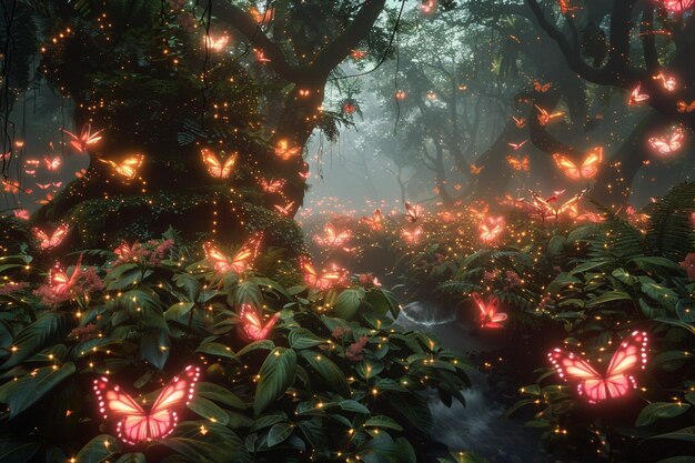 Photo a forest with butterflies and a stream in the middle of it