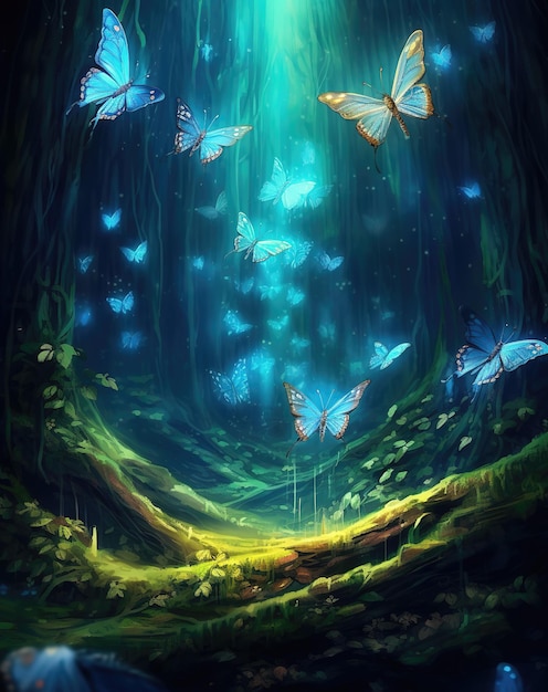 A forest with butterflies and a tree