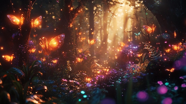 Photo a forest with a butterfly and a forest of lights