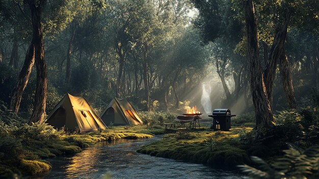 Photo a forest with a campfire and a river in the background