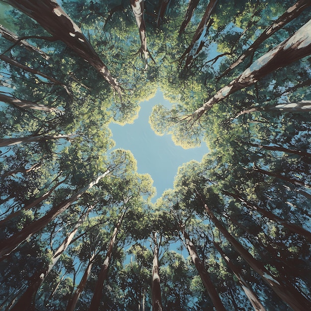 Photo a forest with a circle of trees that has a circle of blue sky in the middle