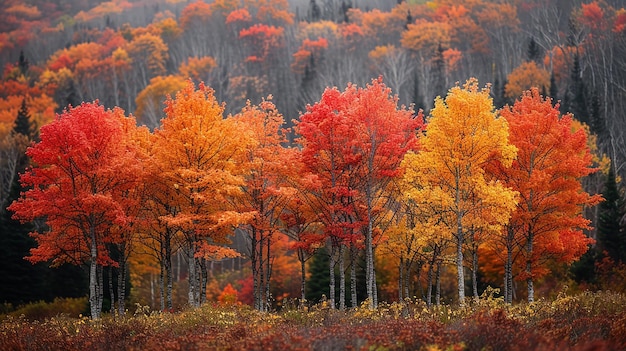 a forest with a colorful tree in the background