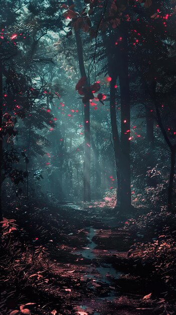 a forest with a dark forest and a red heart